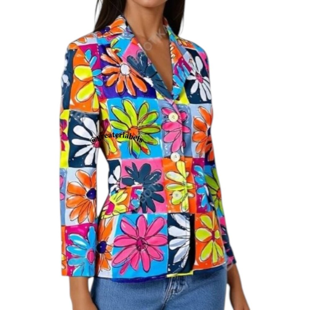 Moschino Jeans Vintage '90s Neon Daisy Print Cotton Blazer Jacket Size 10 - Picture 2 of 11